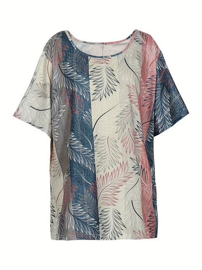 Plus Size Casual Top, Women's Plus Colorblock Leaf Print Short Sleeve Round Neck Tee