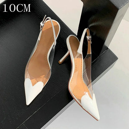 2026 Summer New Fairy-style Heart-shaped Pointed Toe Thin Heel Sandals for Women Transparent Patchwork Headpiece Back High Heels