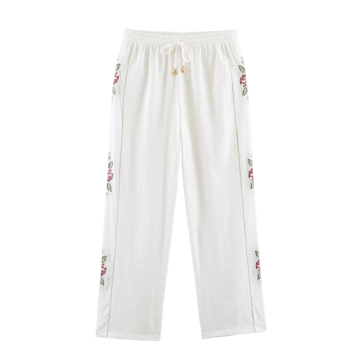 HH Elegant Women's 2026 Floral Embroidered Straight-Leg Pants Spring Autumn Casual Elastic Waist Side Stripe Boho Trousers