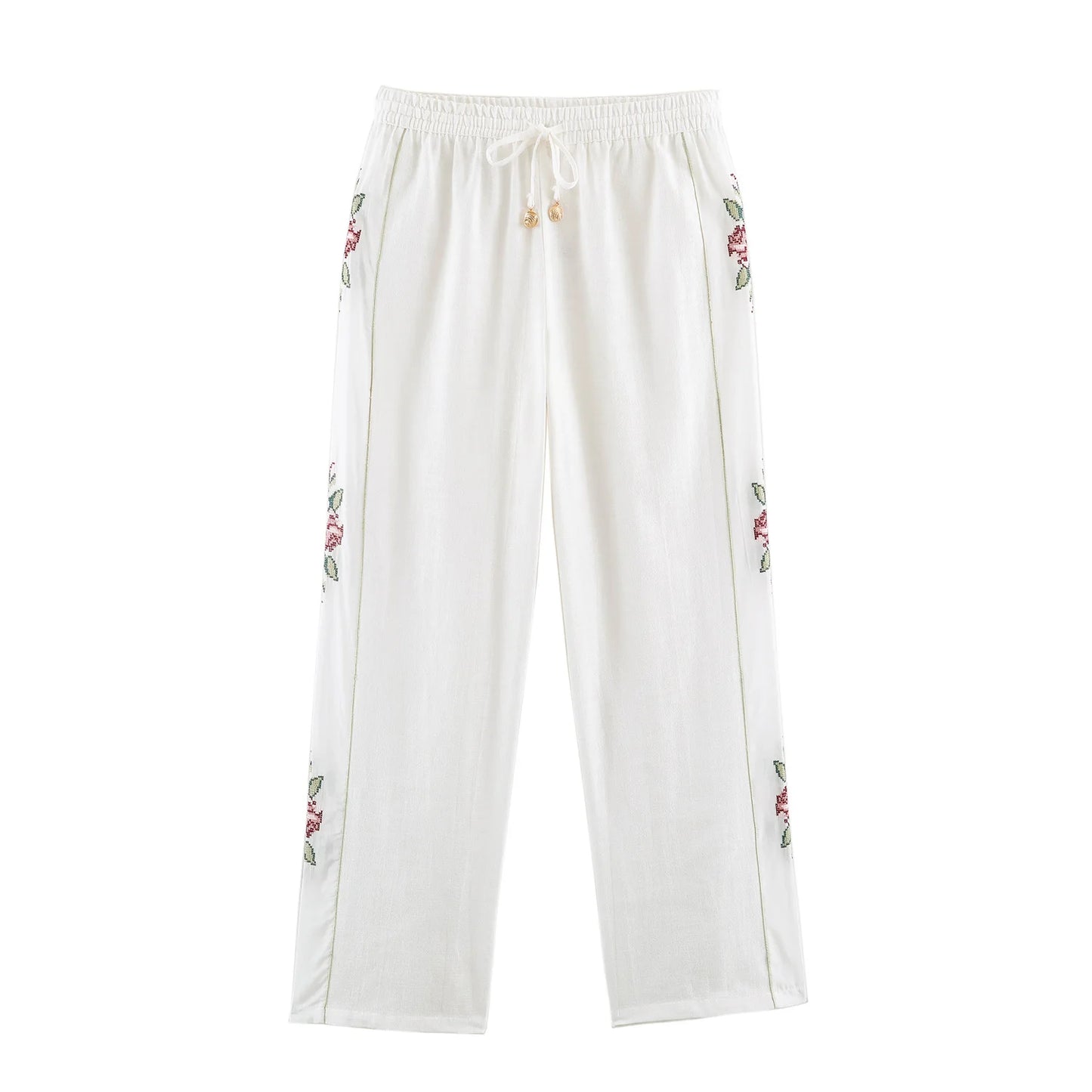 HH Elegant Women's 2026 Floral Embroidered Straight-Leg Pants Spring Autumn Casual Elastic Waist Side Stripe Boho Trousers
