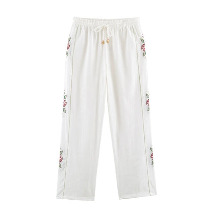 HH Elegant Women's 2026 Floral Embroidered Straight-Leg Pants Spring Autumn Casual Elastic Waist Side Stripe Boho Trousers