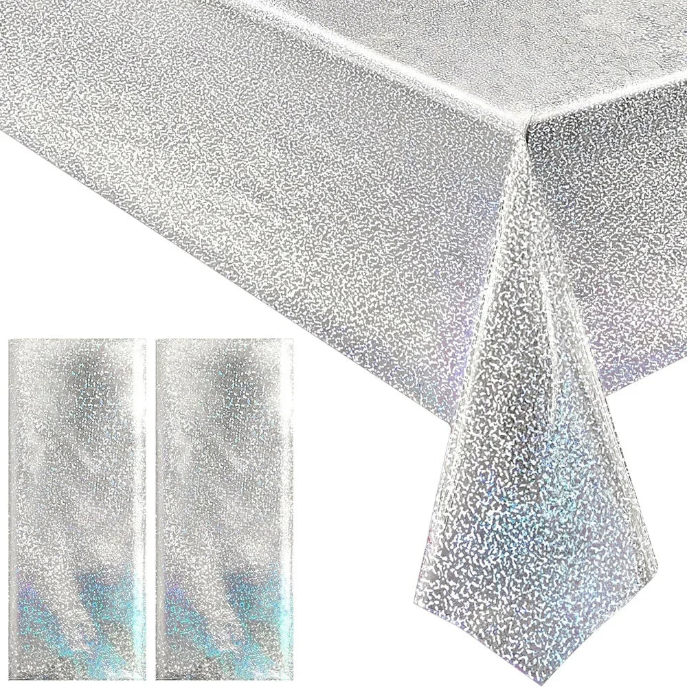 Shiny Silver Tableware Set Metallic Paper Plates Cups Holographic Tablecloth For Adult Birthday Wedding Party Decorations