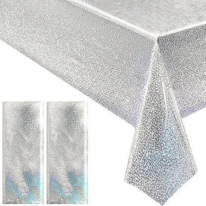 Shiny Silver Tableware Set Metallic Paper Plates Cups Holographic Tablecloth For Adult Birthday Wedding Party Decorations