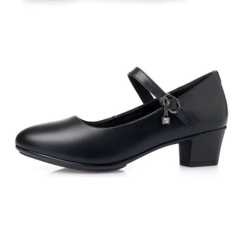 2025 New Women's Medium Heel Pumps - Soft Leather Non-Slip with Adjustable Buckle, Comfortable for Daily & Casual Wear