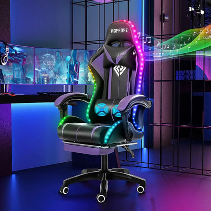 Fashion High Back Video Game Chair with Speakers Massage Computer Gaming Chair with LED Lights and Footrest