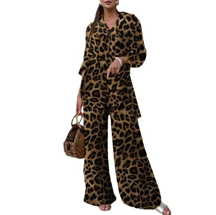 Autumn Fashion Leopard Print Women's Suit Two-piece Retro Street Print Casual Loose Long-sleeved V-neck Top Wide-leg Pants Suit
