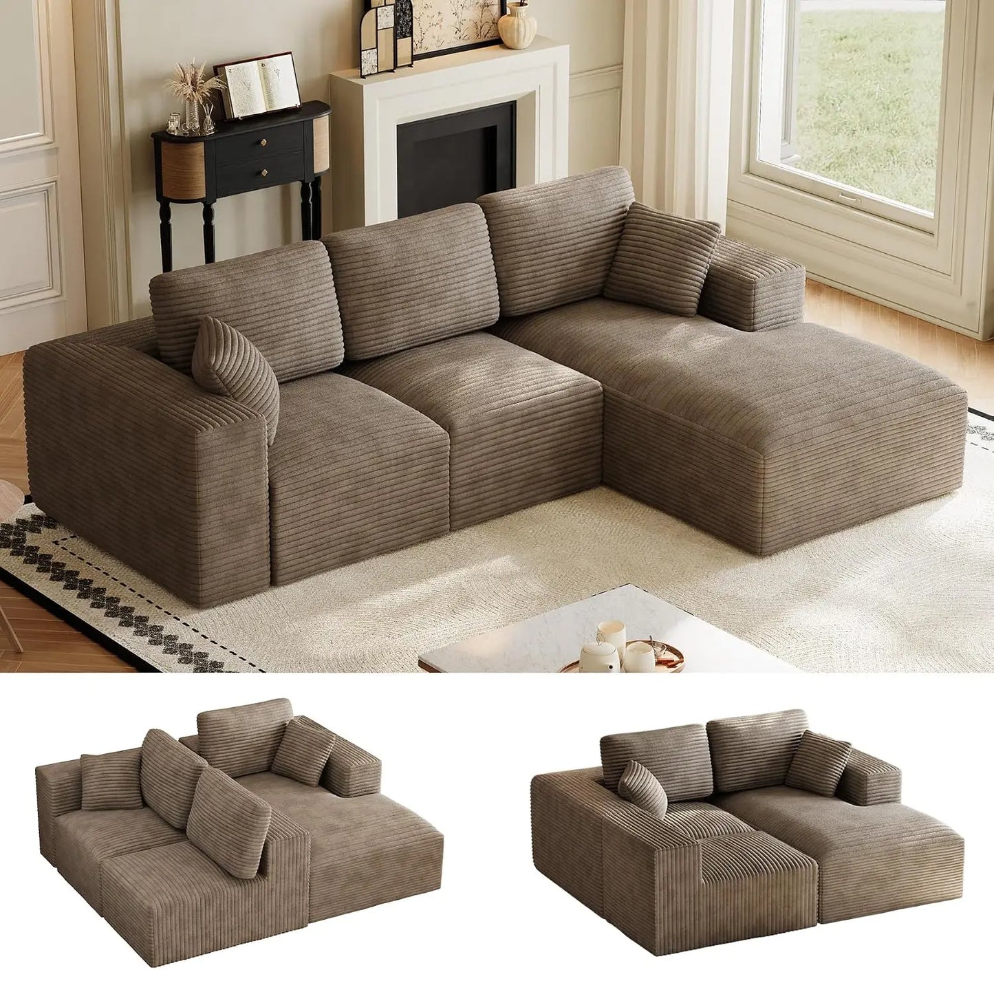 109" L-Shaped Cloud Boneless Couch Sofa with Chaise, Black, Custom