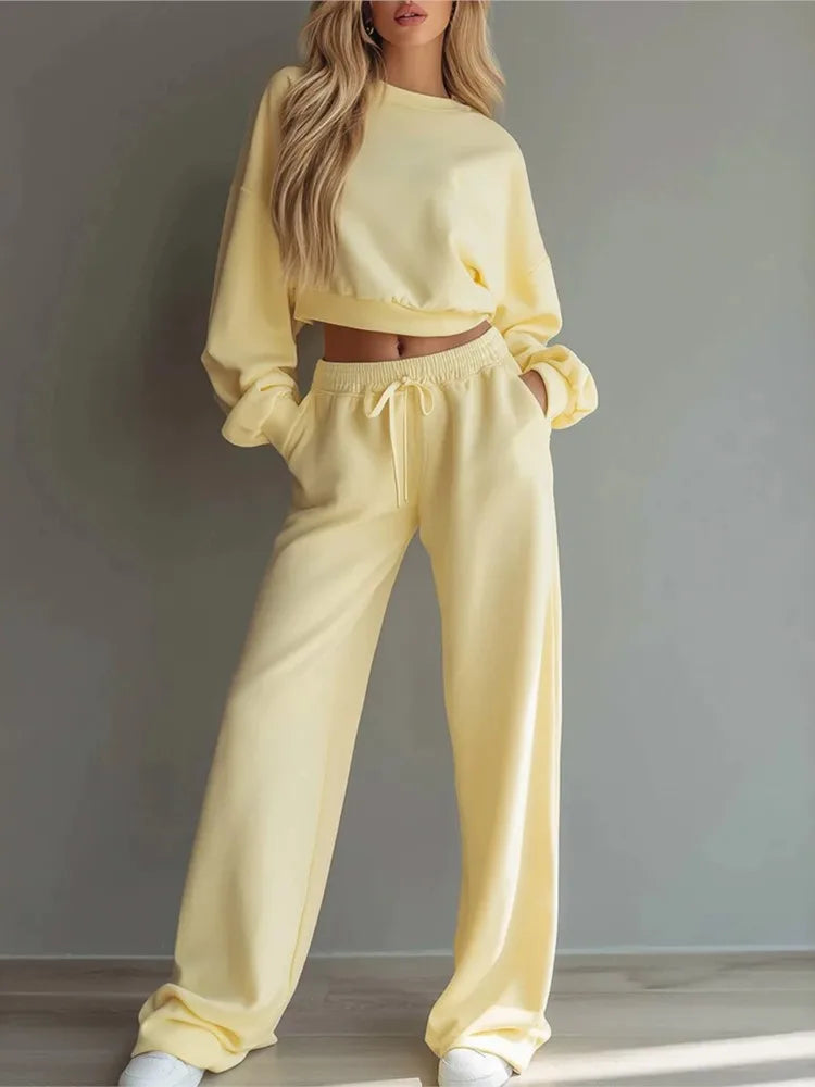 Autumn New Casual O Neck Long-Sleeved Ultra-Short Sweatshirt Trousers