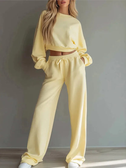 Autumn New Casual O Neck Long-Sleeved Ultra-Short Sweatshirt Trousers