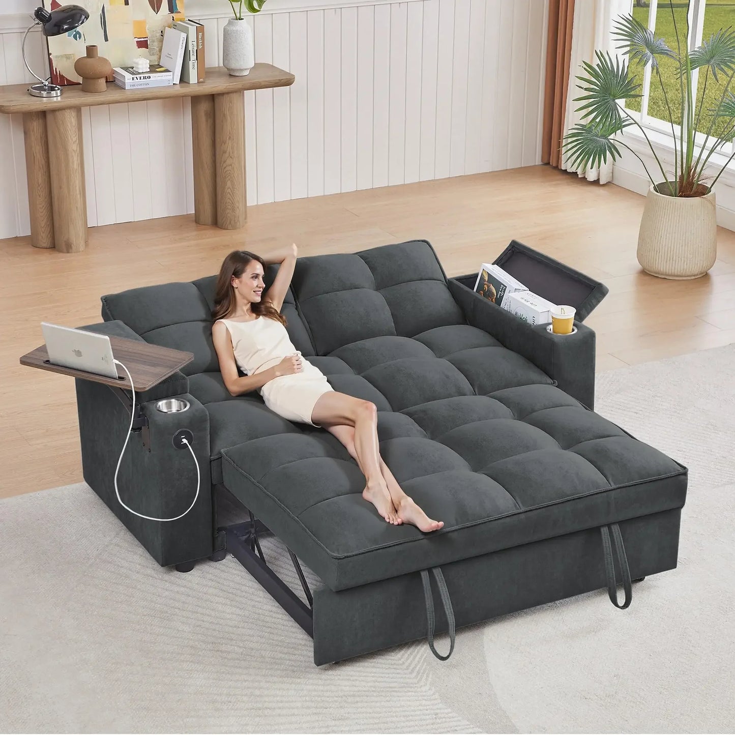 hansones 65'' 3-in-1 Folding Convertible Sofa Bed, Pullout Sofa, Modern Chenille Fabric, 360° Swivel Side Table, Easy Assembly,