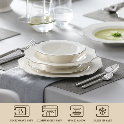 MALACASA 16/32-PIECE Nordic European Golden Rim White Porcelain Tableware Set with Bowl,Dinner&Dessert&Soup Plate Set for 4/8