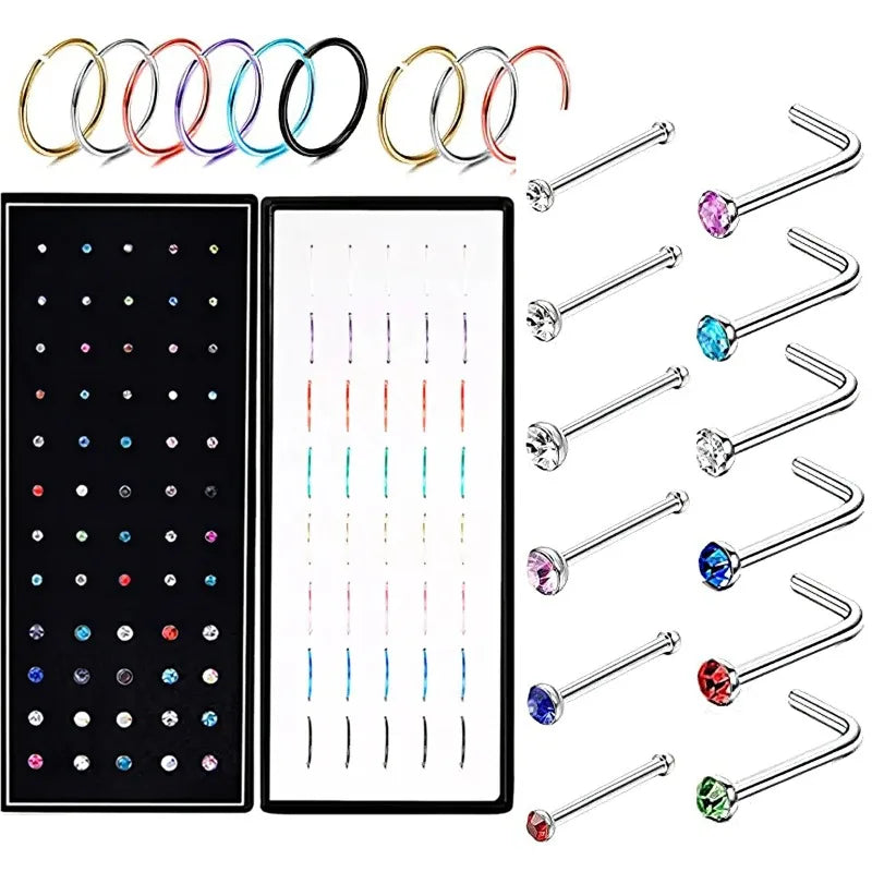 40/60pc Stainless Steel Straight L Nose Stud for Women Nose Ring Set