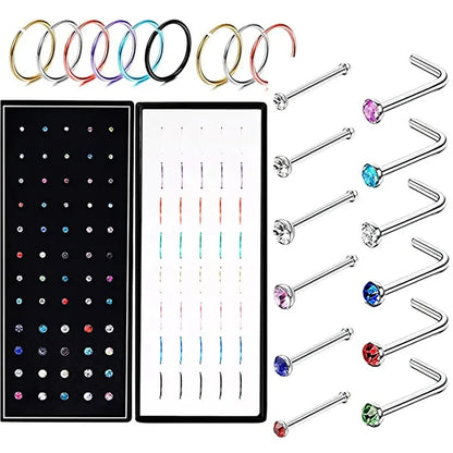 40/60pc Stainless Steel Straight L Nose Stud for Women Nose Ring Set