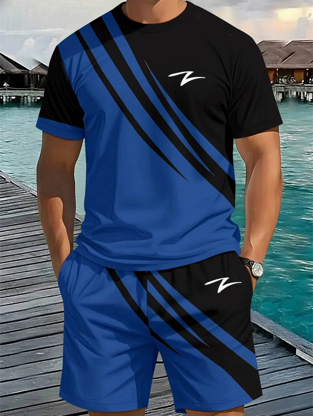 Men's Classic Stripe Printed T-Shirt Shorts Set Plus Size Short Sleeve T-Shirt and Drawstring Shorts Summer Casual Two Piece Set