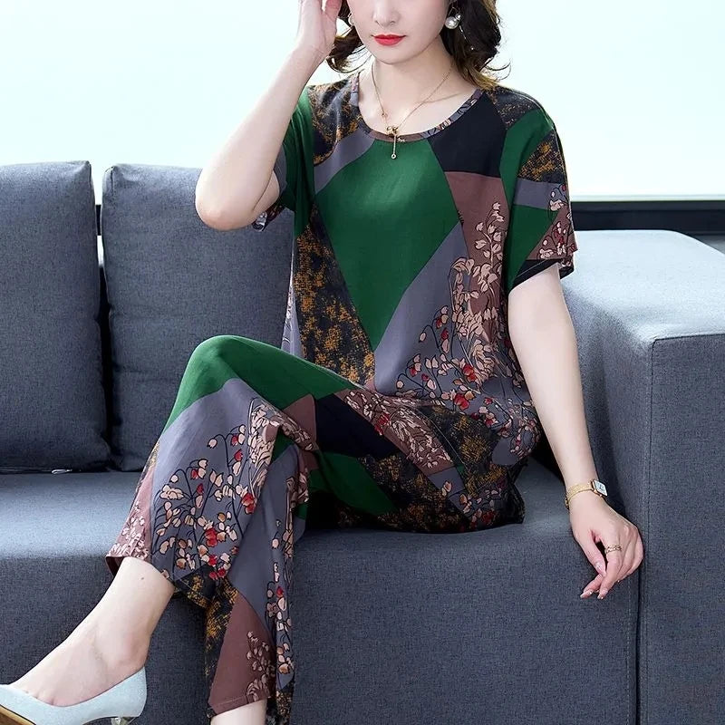 Cotton Silk Suit Summer Women's Sets New Casual Solid Color Short Sleeve Ankle-Length Pants 2 Piece Set Middle Age Mother Outfit