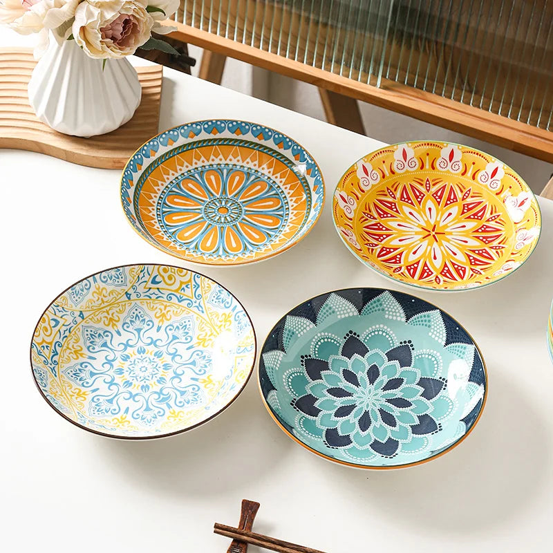 12-Piece Bohemian Dinnerware Set for 4 People, Household Plates Bowls Spoons, Oven/Microwave/Dishwasher Safe