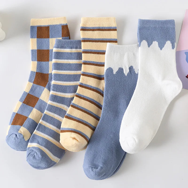 5 Pairs Women Fruit Print Socks Set Cute Casual Korean Fashion Kawaii Japanese Style Pumpkin Strawberry Banana Peach Avocado Sox
