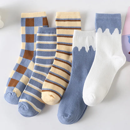 5 Pairs Women Fruit Print Socks Set Cute Casual Korean Fashion Kawaii Japanese Style Pumpkin Strawberry Banana Peach Avocado Sox