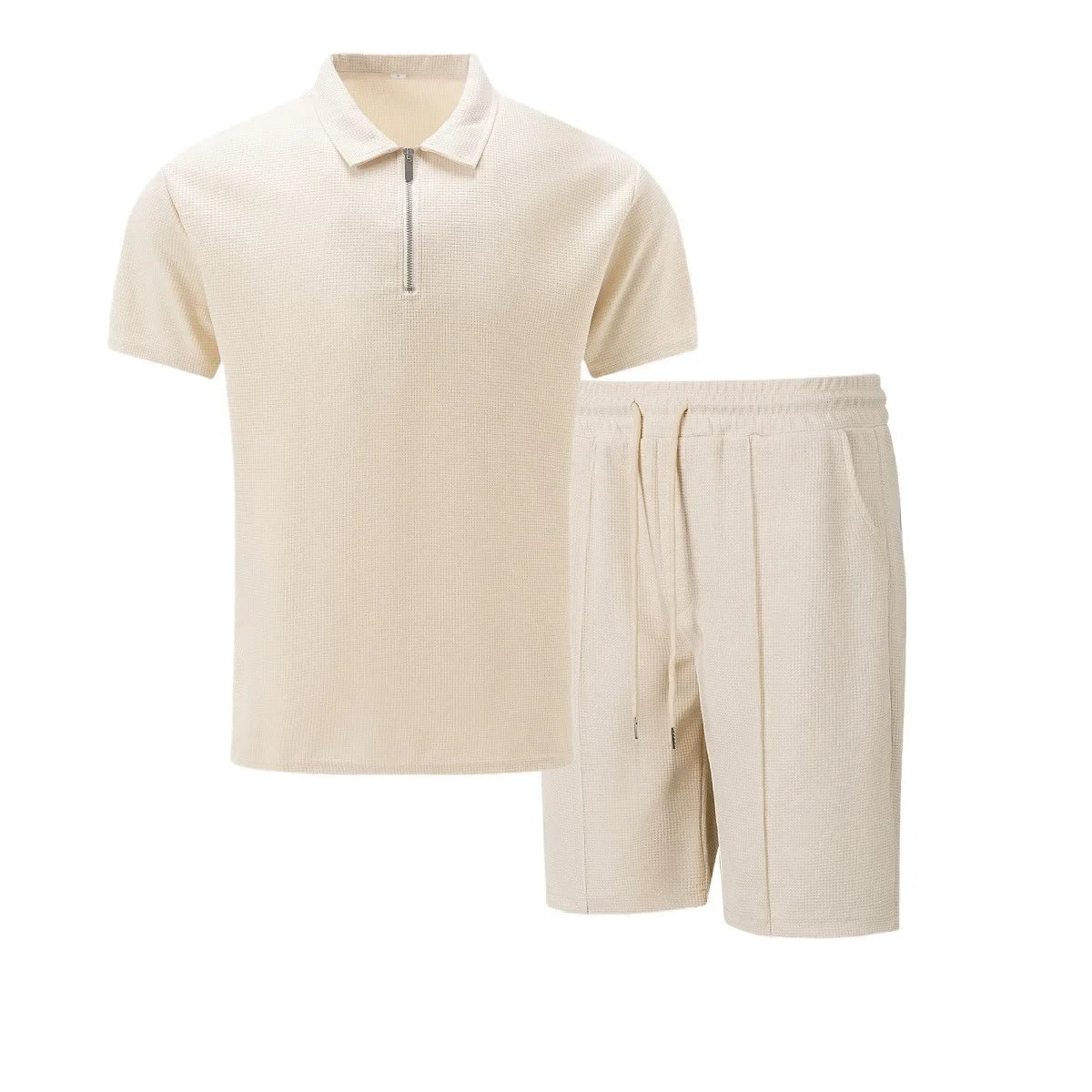 Men's Summer Waffle Short-Sleeve Suit Shorts Zip-Up Lapel Solid Color Two Sets Europe And US Style 2026