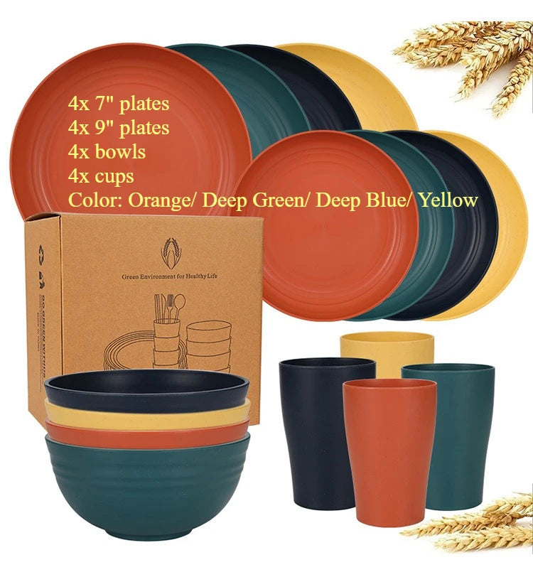 Natural Wheat Straw Tableware Set Dinnerware Sets Biodegradable Unbreakable Plates, Bowls, Cups Lightweight for Kitchen Camping