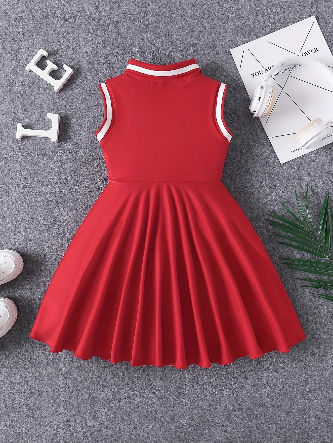 Vintage Red Sleeveless Polo Collar Dress - Heart Accent Pleated Skirt Girls Sweet Preppy Style Outfit