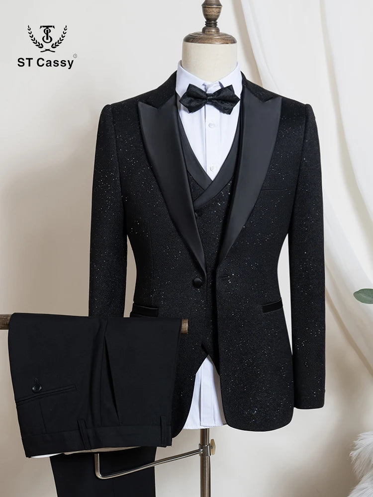 Luxury Man Suits High Quality 3 Pieces Littering Rhinestone Embellishment Wedding Dress Shining Flash Diamond Tuxedo Dinner Suit