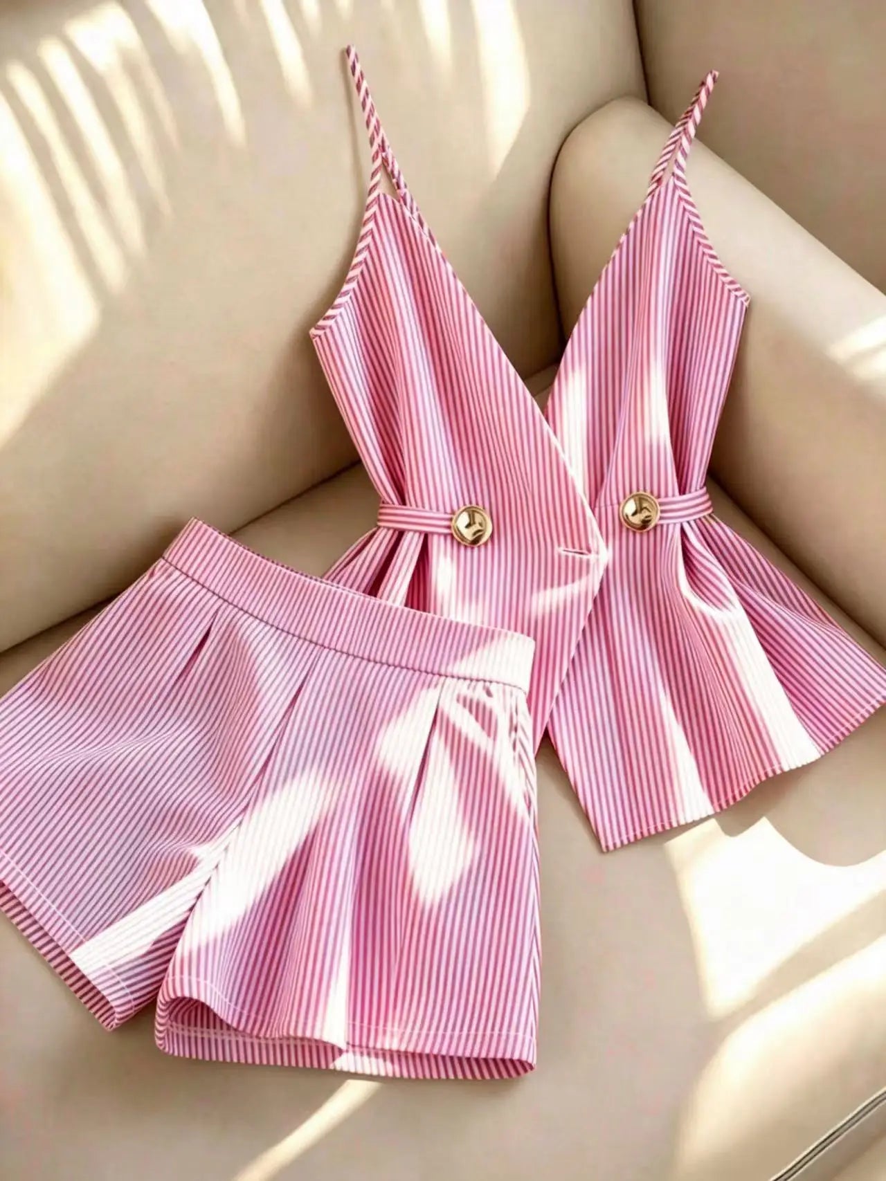 Women Striped 2 Piece Set V-neck Top Lace Up High Waist Pleated Wide Leg Shorts Summer Fashion Office Ladies Commuting Outfit