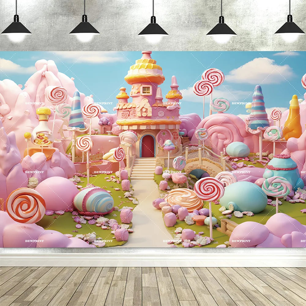 Sweet Candy Castle Cherry Blossom Theme Birthday Photography Background, Children's Birthday Party Banner Photography Background