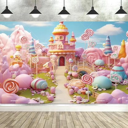 Sweet Candy Castle Cherry Blossom Theme Birthday Photography Background, Children's Birthday Party Banner Photography Background