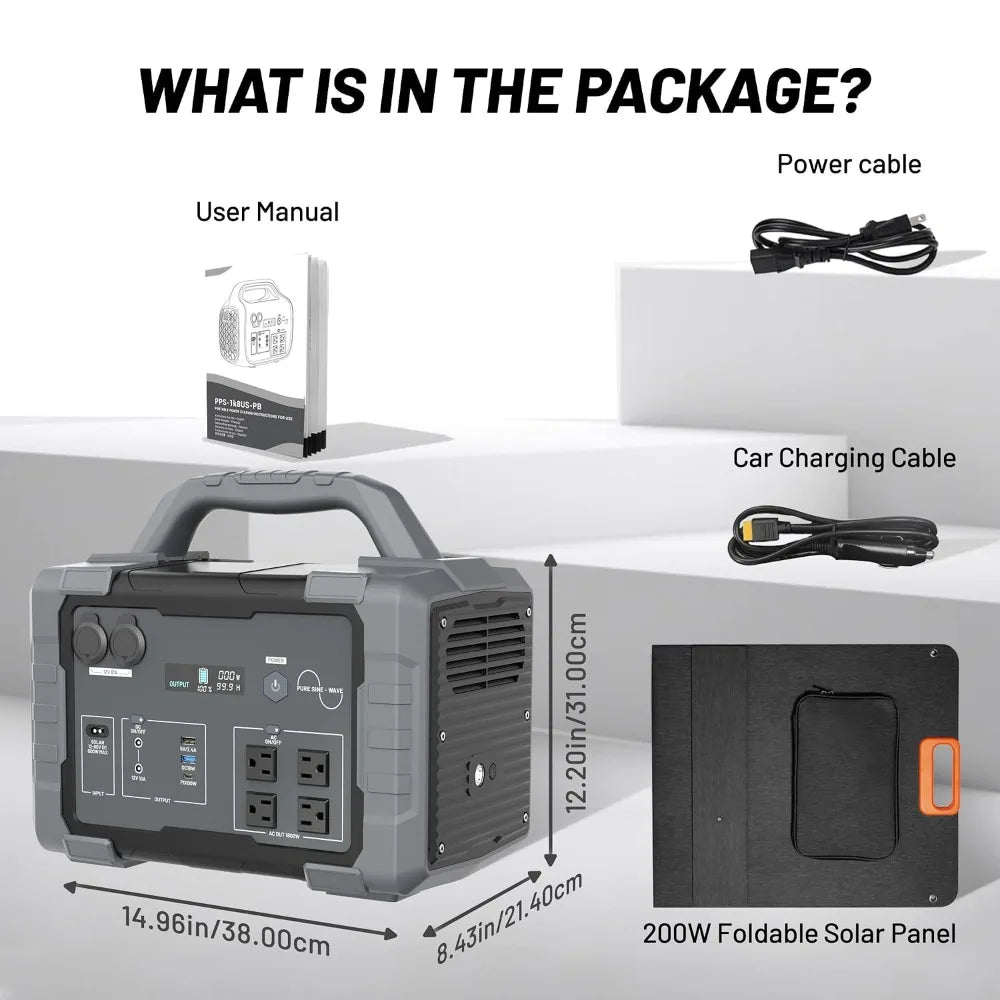 1800W Surge 3600W Portable Solar Generator Kit, LiFePO4 1024Wh Power Station With 200W Panel & 1.5H AC Fast Charge, Custom