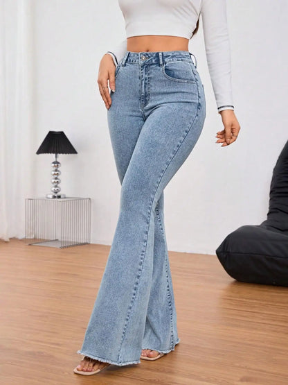 Tall Women's Micro Flare Frayed Edge Jeans, Fashionable Simple Style, Casual Loose-Fitting Solid Pattern, All Seasons Wear