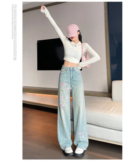 French Pink Flower Embroidered Jeans Women Spring and Autumn New High Waist Fashion Slim Wide-Leg Pants Embroidered Straight Pan