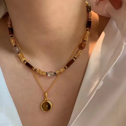 Vintage Leather Brown Stone Sun Pendant Beaded Choker Clavicle Chain Necklace For Women Unique Y2K Personalized Grunge Jewelry