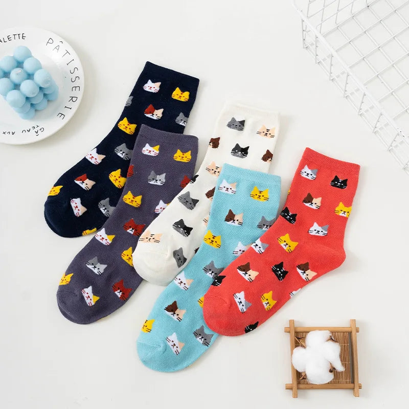 5 Pairs Women Cat Print Mid Tube Socks Fashionable Multi-Color Cartoon Patterns That Soft Comfortable Breathable Casual Socks