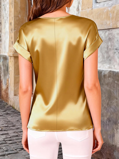 Elegant Solid Satin Batwing Sleeve T-Shirt - Loose Fit Ladies Plus Size Top with Round Neck