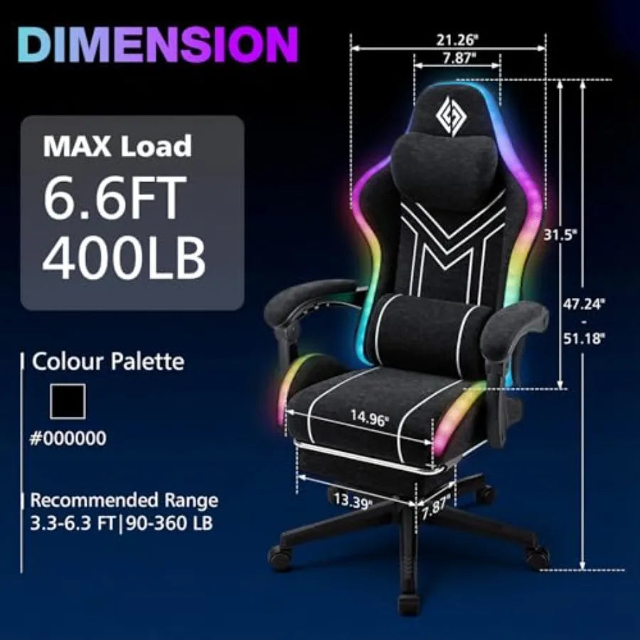 RGB Gaming Chair for Adults: Black Fabric Ergonomic Computer Chair with Music Rhythm LED Lights, Bluetooth Speakers, 155 Reclin