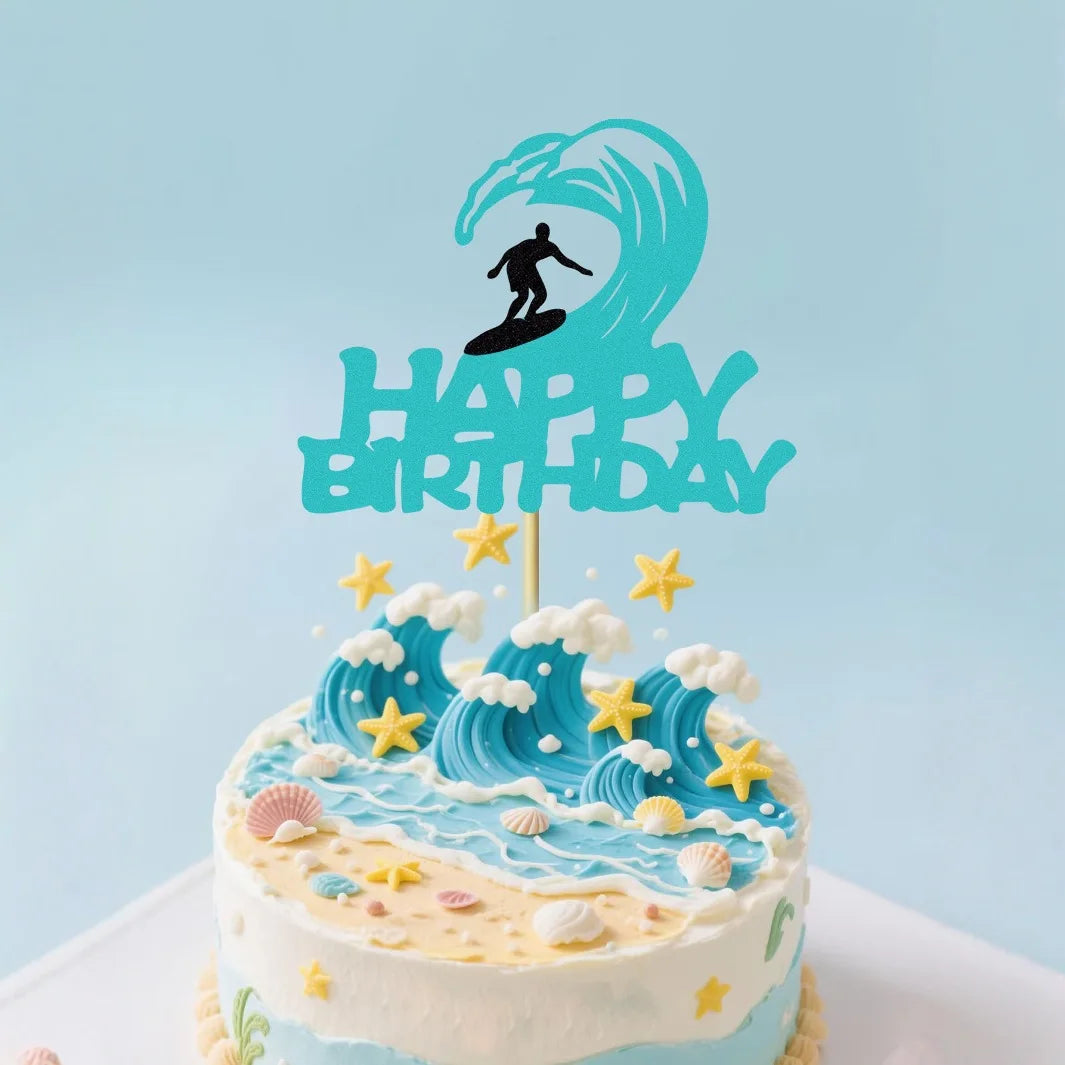 Cake Topper Happy Birthday Surf Riding Kids Man Surfing Sports Them Cupcake Topper Dessert Decoration Party Baking Supplies