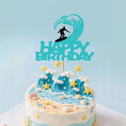 Cake Topper Happy Birthday Surf Riding Kids Man Surfing Sports Them Cupcake Topper Dessert Decoration Party Baking Supplies