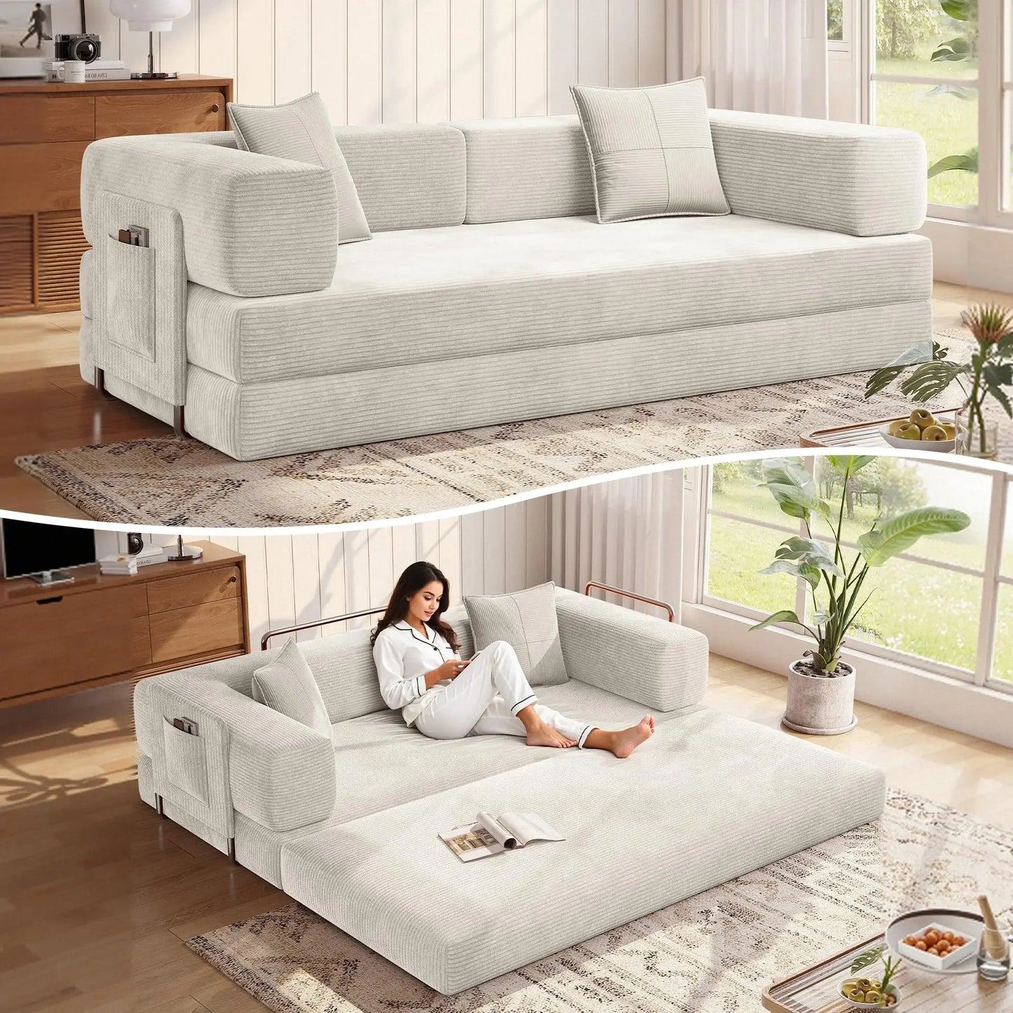 MoonSpeak 78.8''Sleeper Couch Bed for Livingroom,Convertible Modular Sofa with Armrest Pillow,Modular Foldable Corduroy Couches