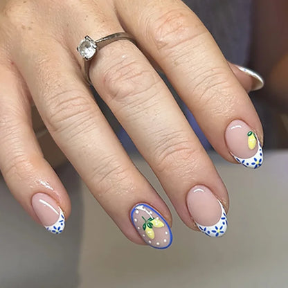 3D Lemon Blue White Striped French Nail Art Summer Chic Short Round False Nails Detachable Finished Fake Nails Press on Nails