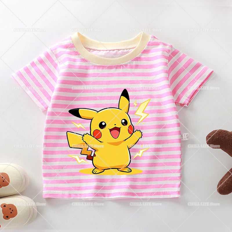 Cartoon Pokemon Stripe T Shirt Cute Pikachu Eevee Bulbasaur Baby Boy Girl Summer Tops Kawaii Toddler Short Sleeve Tee Shirts
