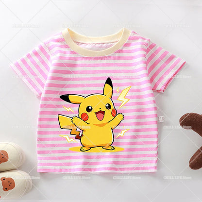Cartoon Pokemon Stripe T Shirt Cute Pikachu Eevee Bulbasaur Baby Boy Girl Summer Tops Kawaii Toddler Short Sleeve Tee Shirts