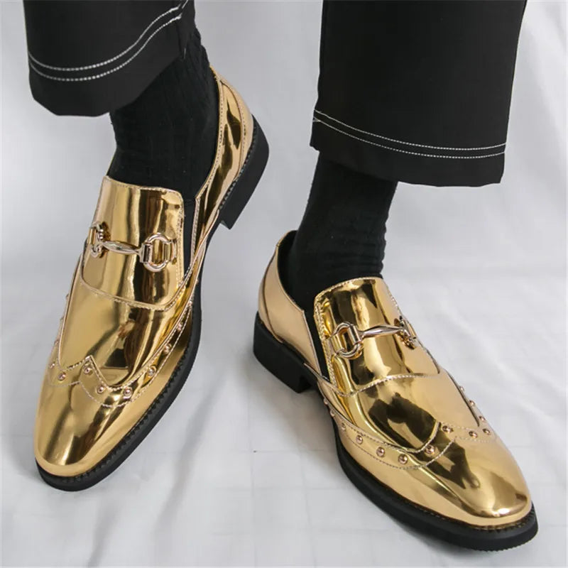 New Gold Green Pointed Rock Rivet Loafter For Men Fashion Brand Designer Casual Dress Homecoming Shoes Formal Wedding Footwear