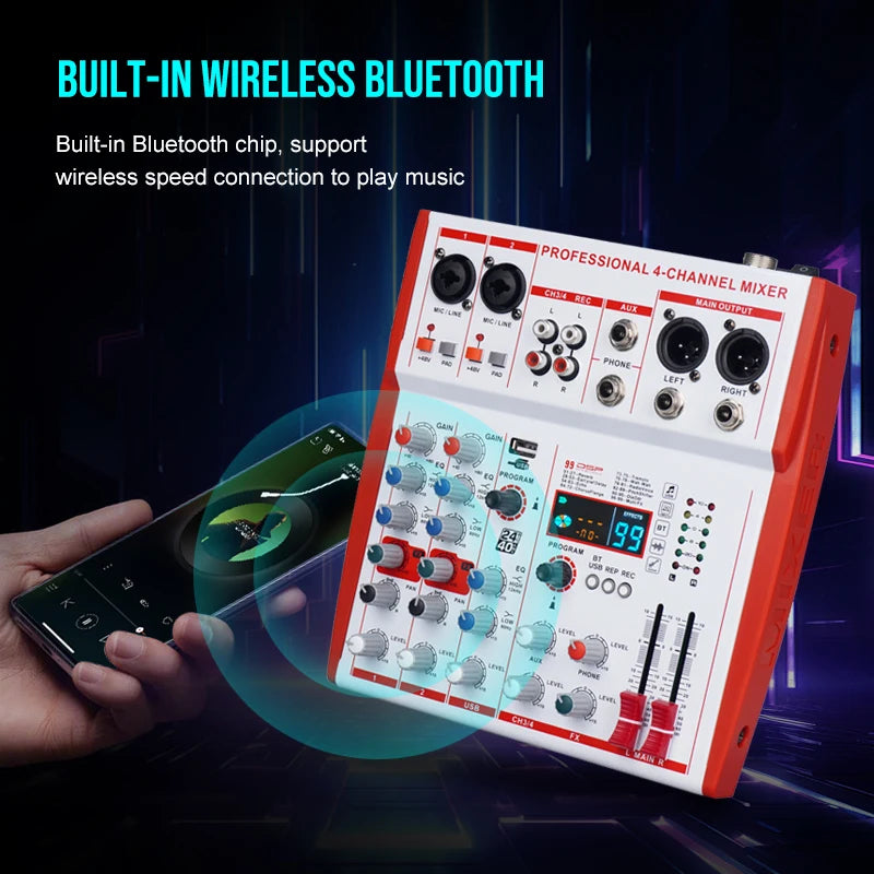 MW4 Professional 4 Channel Audio Mixer | 99 DSP Effects, +48V Phantom Power, USB Sound Console for Live Streaming, Karaoke, Studio Podcast