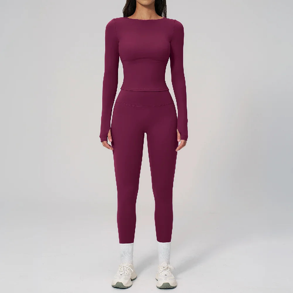 Two Pieces Yoga Set Slim Long Sleeved Gym Set High Elasticity Leggings Sportswear Women's Fitness Cycling Pilates Sports Suits