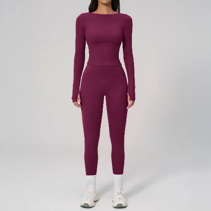 Two Pieces Yoga Set Slim Long Sleeved Gym Set High Elasticity Leggings Sportswear Women's Fitness Cycling Pilates Sports Suits