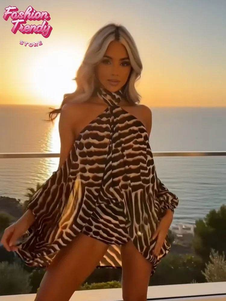 Y2k Mixed Leopard Zebra Two Piece Set Tie Halter Cut Out Shoulder Flared Sleeve Top High Cut Bodycon Shorts Sets Night Out Suit