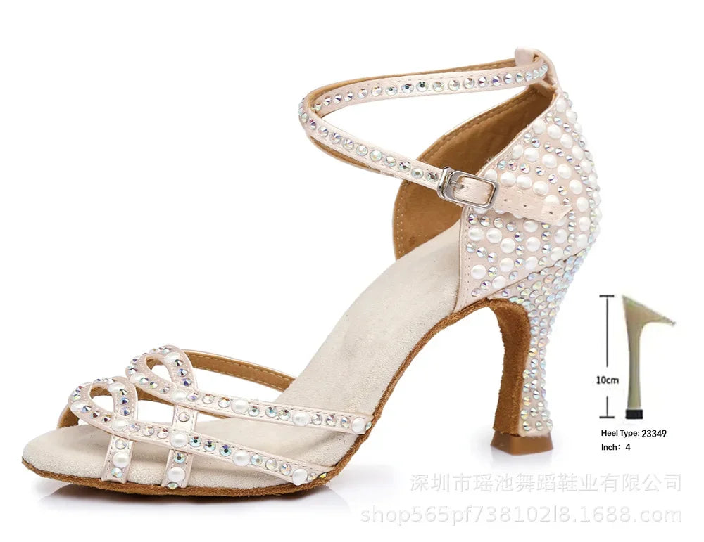 2026 New Pearl Inlaid Latin Cha Heels Modern Jazz Dance Salsa Dance Shoes Square Ballroom Dance International Dance Shoes