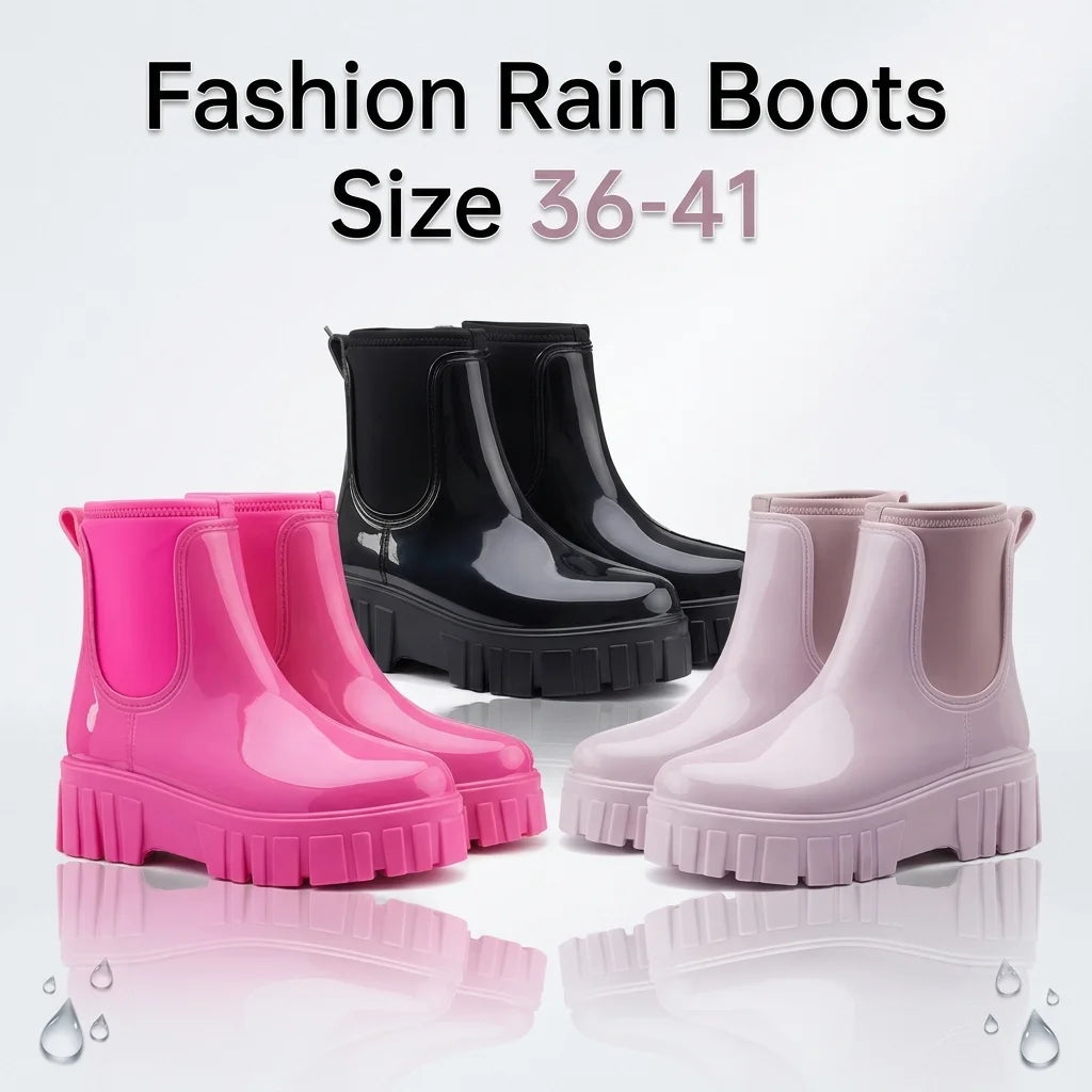PVC Fashion Rain Boots Shoes For Women Solid Anti-slip Wear-resistant Thick Soled Shoes Low Cut High Top Round Toe Waterproof Water Shoes