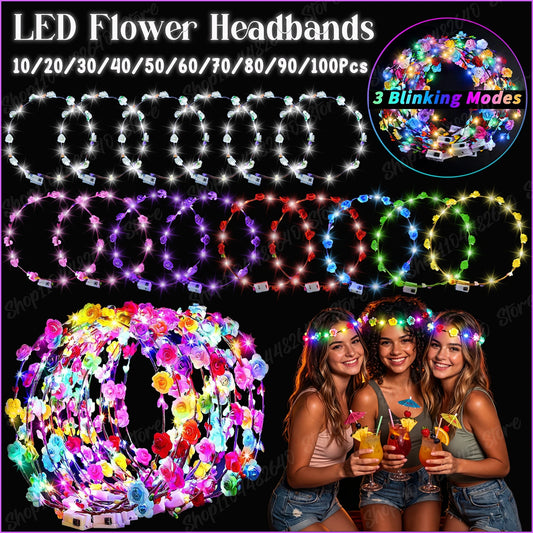 10-100Pcs LED Flower Headbands Glowing Garland Light Up Headbands Glow in the Dark Headband Wedding Beach Party Birthday Supplie